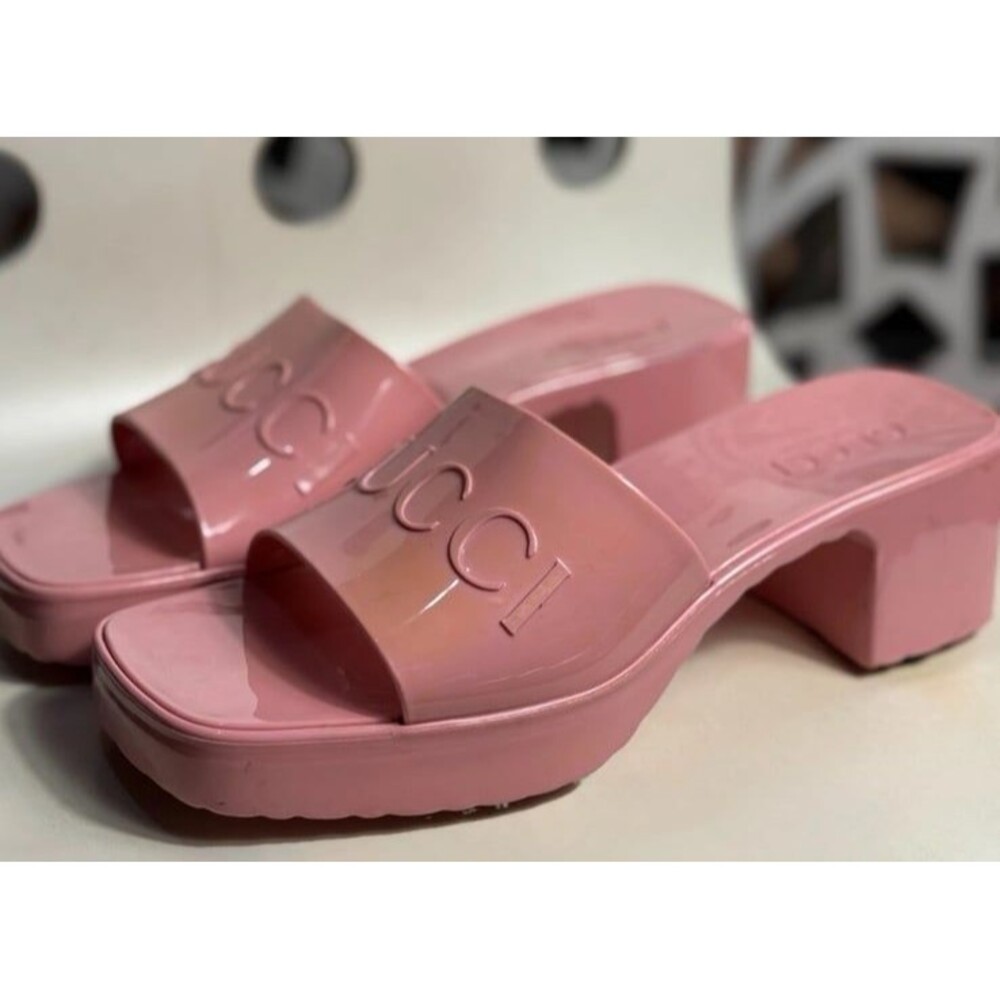 GUCCI Rubber Slide Sandal Pink Logo Square Open Toe Block Heel Mules Size 40 9.5